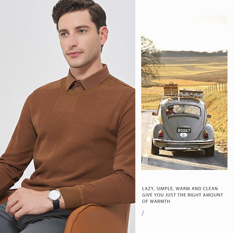 MEN'S MOCK TWO-PIECE KNIT PULLOVER SWEATER