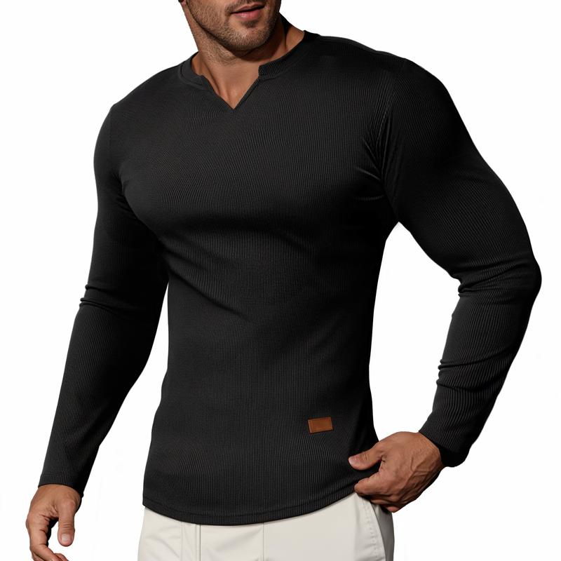 Men's Athletic Longline Ribbed Top 🔥 – V-Neck Long Sleeve, Moisture-Wicking for Gym Sessions/Casual