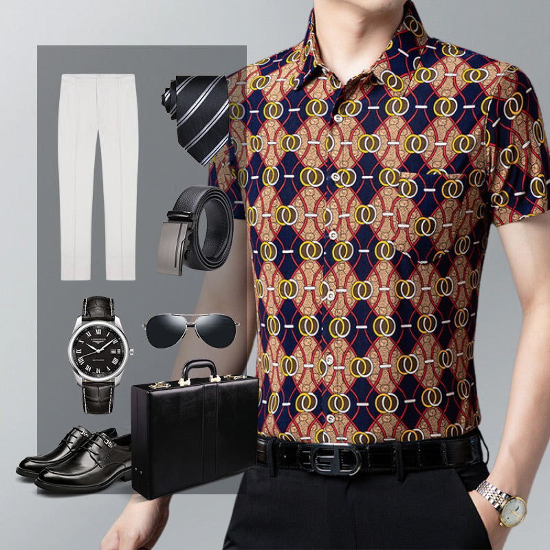 Men’s Fashion Printed Lapel Short Sleeve Shirt