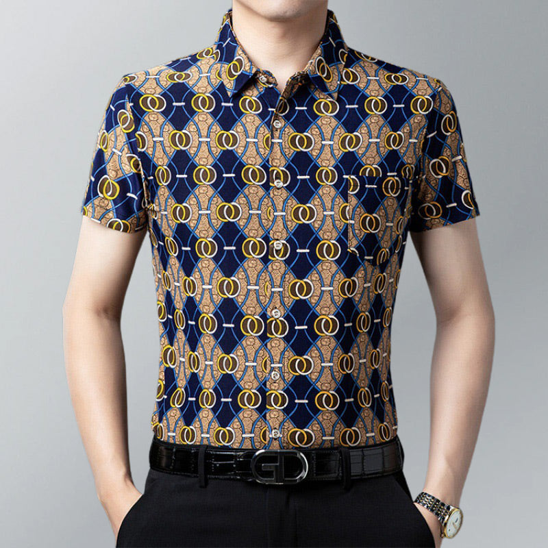 Men’s Fashion Printed Lapel Short Sleeve Shirt