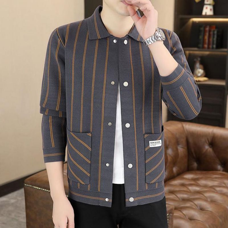Men's Casual Striped Knitted Lapel Jacket
