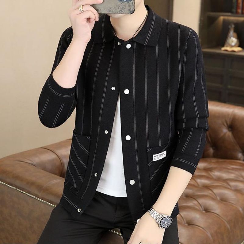 Men's Casual Striped Knitted Lapel Jacket