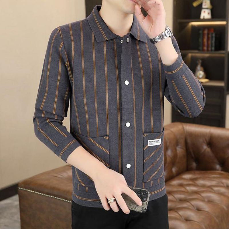 Men's Casual Striped Knitted Lapel Jacket
