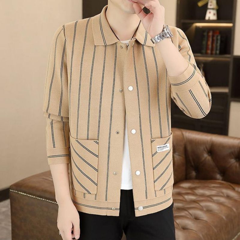 Men's Casual Striped Knitted Lapel Jacket