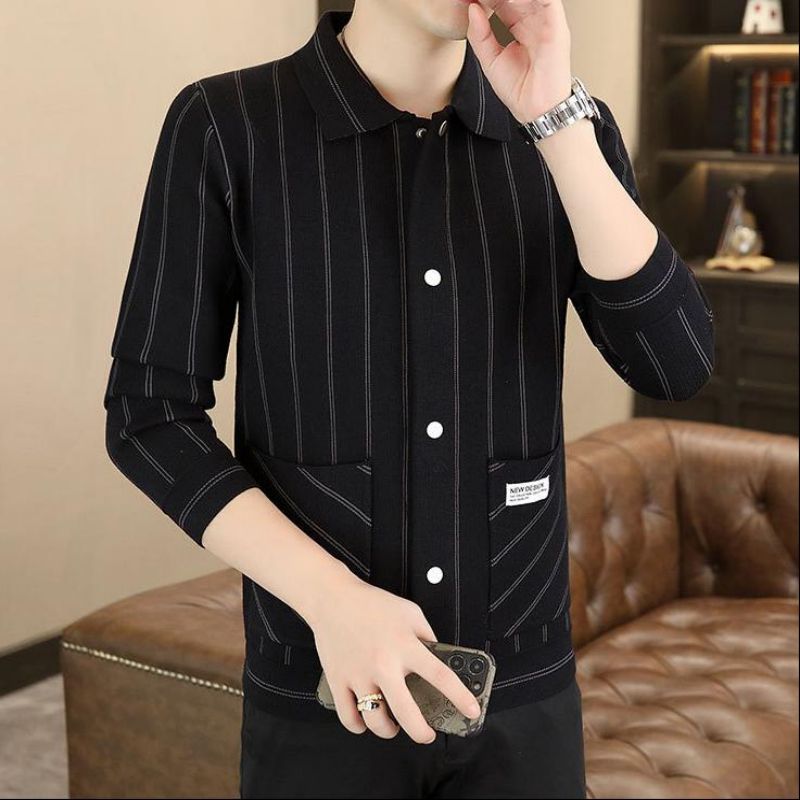 Men's Casual Striped Knitted Lapel Jacket