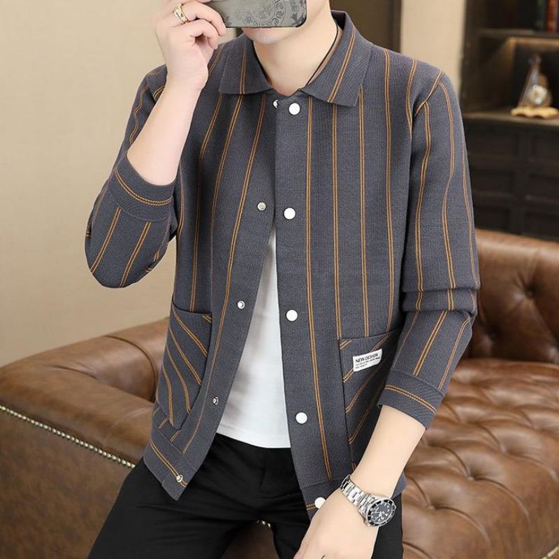 Men's Casual Striped Knitted Lapel Jacket