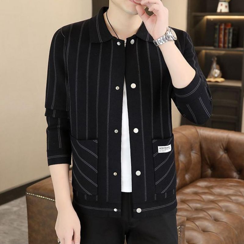 Men's Casual Striped Knitted Lapel Jacket