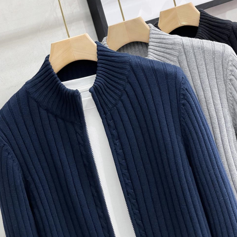 Men's Zipper Knit Sweater with Half-High Neck