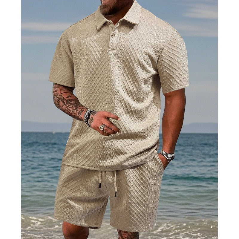 🌞Summer Sale 50% OFF🔥Men’s Diamond Pattern Turn-Down Collar Short Sleeve Top & Drawstring Shorts 2-Piece Set