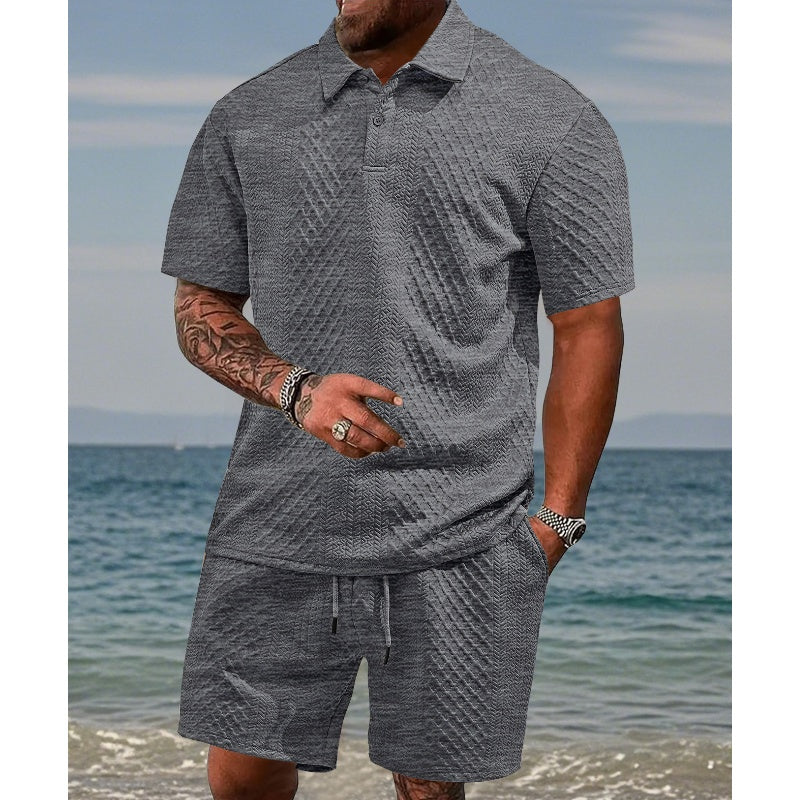 🌞Summer Sale 50% OFF🔥Men’s Diamond Pattern Turn-Down Collar Short Sleeve Top & Drawstring Shorts 2-Piece Set