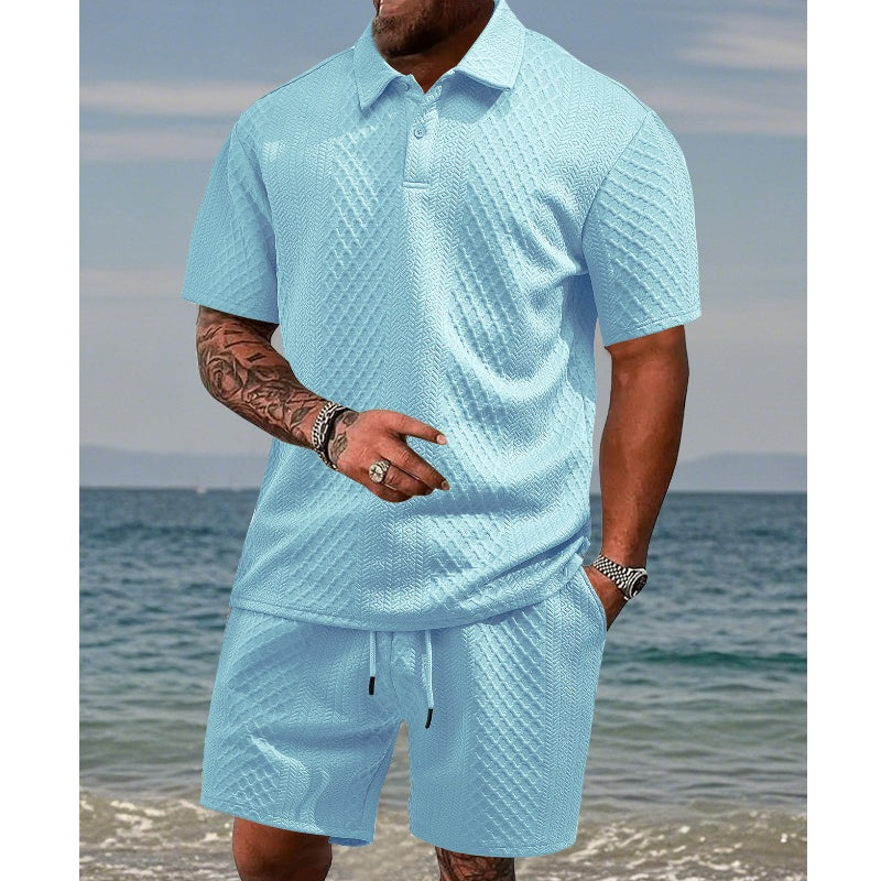 🌞Summer Sale 50% OFF🔥Men’s Diamond Pattern Turn-Down Collar Short Sleeve Top & Drawstring Shorts 2-Piece Set