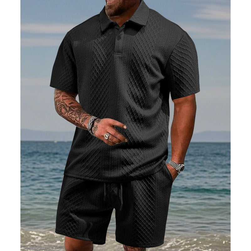 🌞Summer Sale 50% OFF🔥Men’s Diamond Pattern Turn-Down Collar Short Sleeve Top & Drawstring Shorts 2-Piece Set
