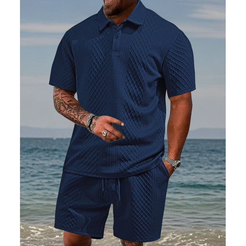 🌞Summer Sale 50% OFF🔥Men’s Diamond Pattern Turn-Down Collar Short Sleeve Top & Drawstring Shorts 2-Piece Set
