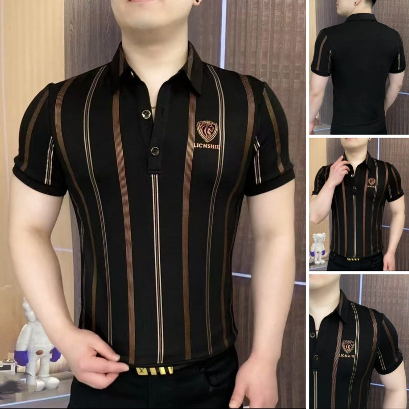 Men’s Lapel V-Neck Striped Short-Sleeve Tops