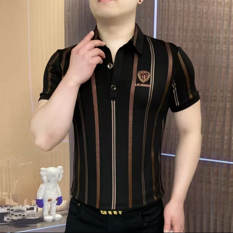 Men’s Lapel V-Neck Striped Short-Sleeve Tops