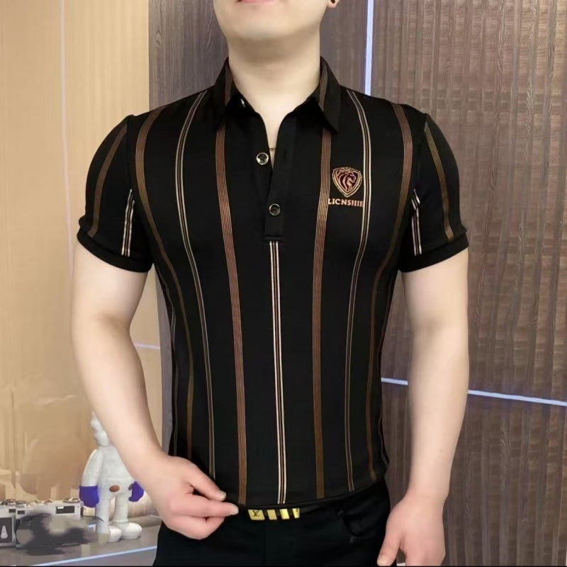 Men’s Lapel V-Neck Striped Short-Sleeve Tops