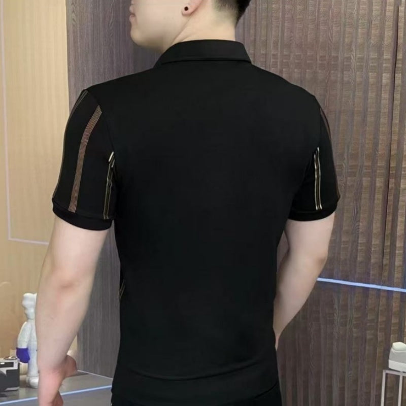 Men’s Lapel V-Neck Striped Short-Sleeve Tops