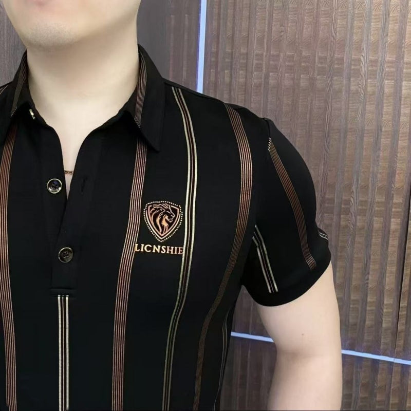 Men’s Lapel V-Neck Striped Short-Sleeve Tops