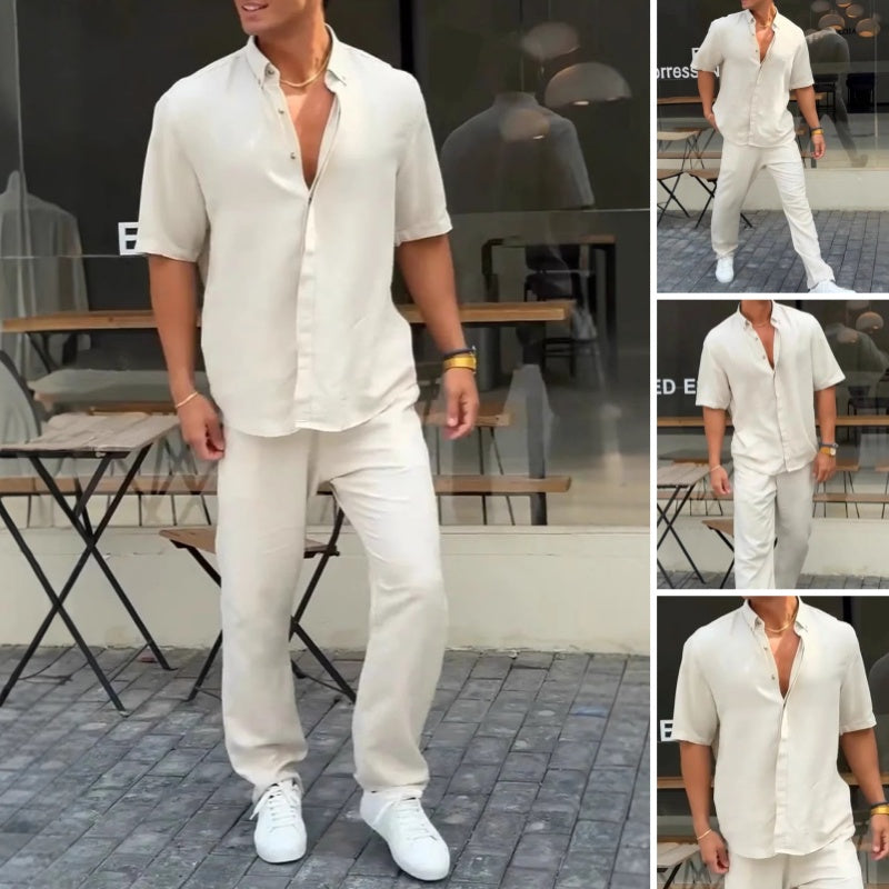 Men’s Solid Lapel Short-Sleeve Tops ＆ Pants 2-Piece Set👔