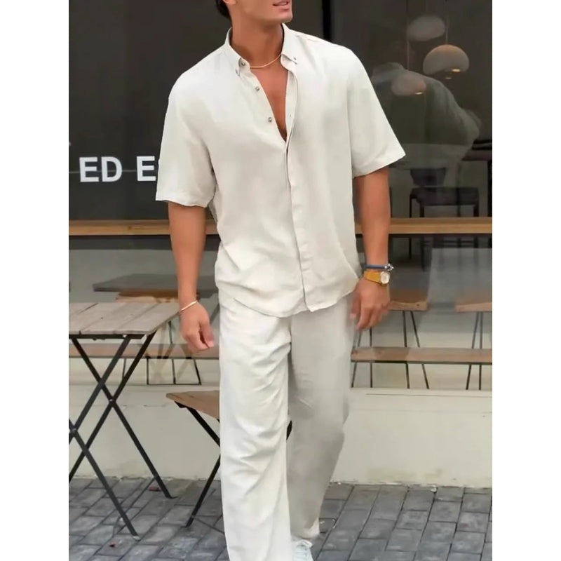 Men’s Solid Lapel Short-Sleeve Tops ＆ Pants 2-Piece Set👔