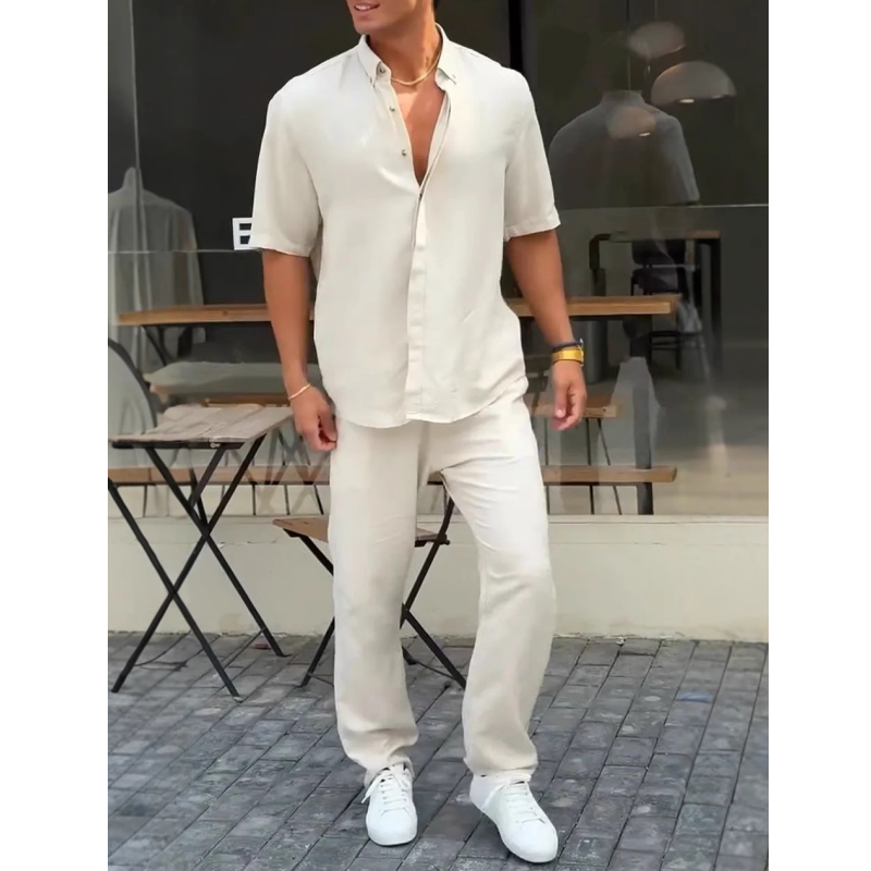Men’s Solid Lapel Short-Sleeve Tops ＆ Pants 2-Piece Set👔