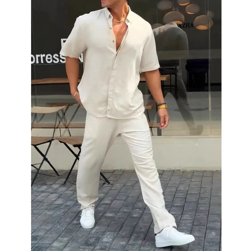 Men’s Solid Lapel Short-Sleeve Tops ＆ Pants 2-Piece Set👔
