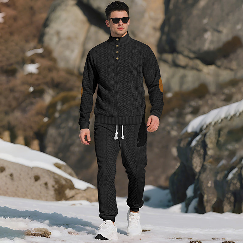 Casual Jacquard Stand Collar Top and Elastic Cuff Pants