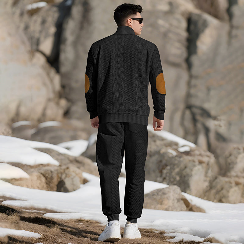 Casual Jacquard Stand Collar Top and Elastic Cuff Pants