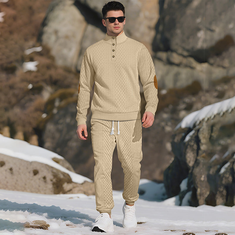 Casual Jacquard Stand Collar Top and Elastic Cuff Pants