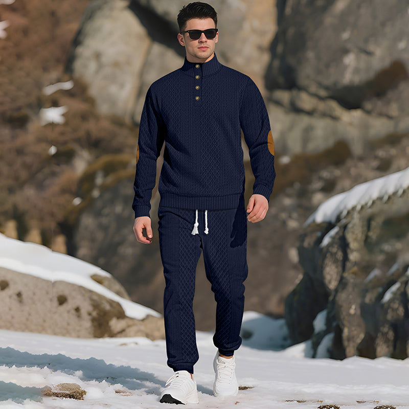 Casual Jacquard Stand Collar Top and Elastic Cuff Pants