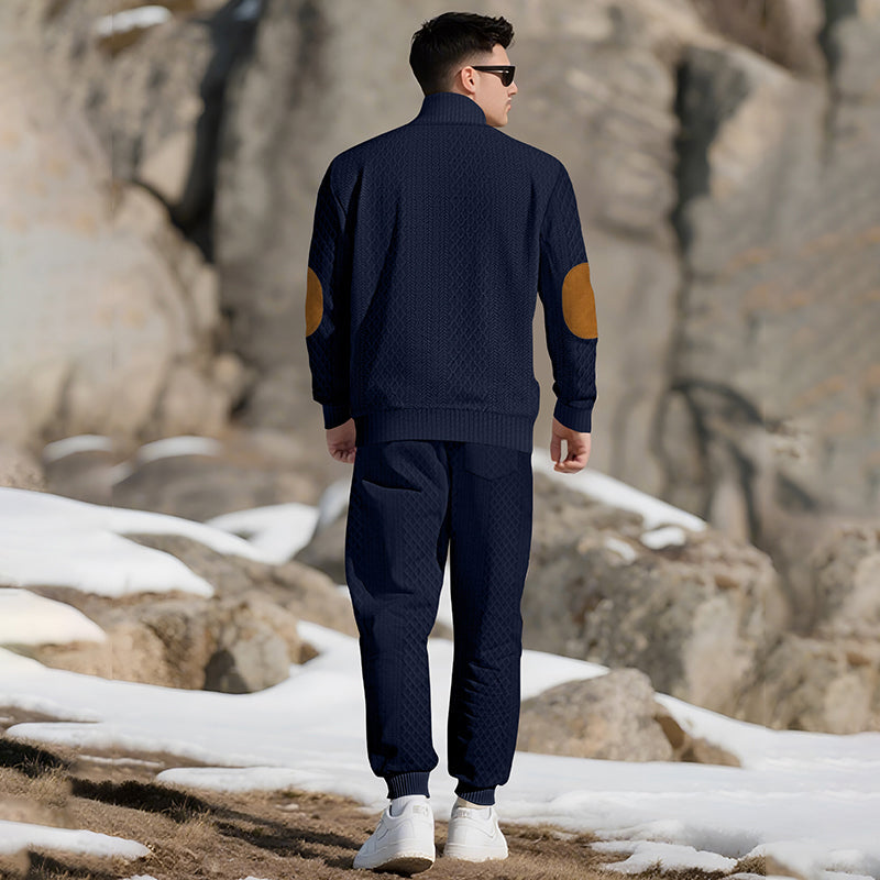 Casual Jacquard Stand Collar Top and Elastic Cuff Pants