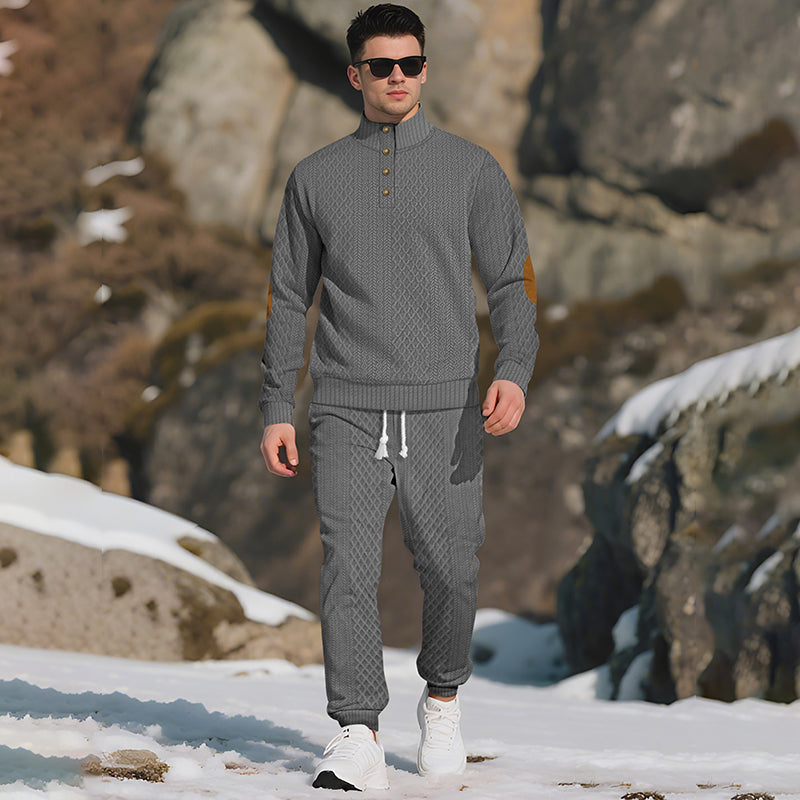 Casual Jacquard Stand Collar Top and Elastic Cuff Pants