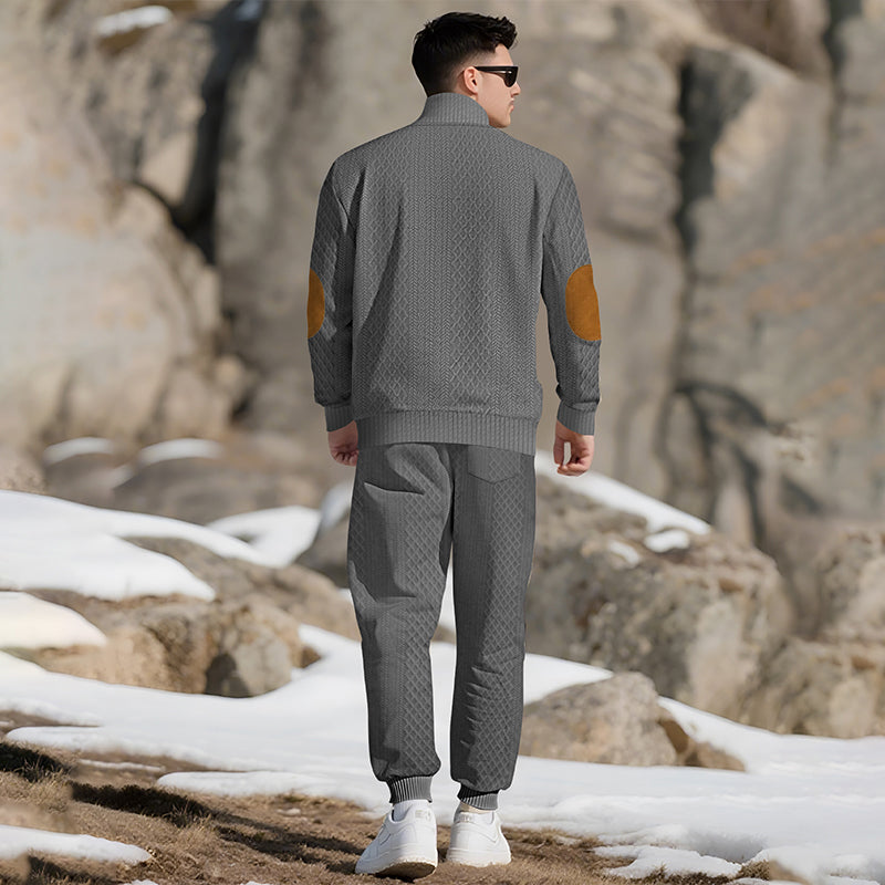 Casual Jacquard Stand Collar Top and Elastic Cuff Pants