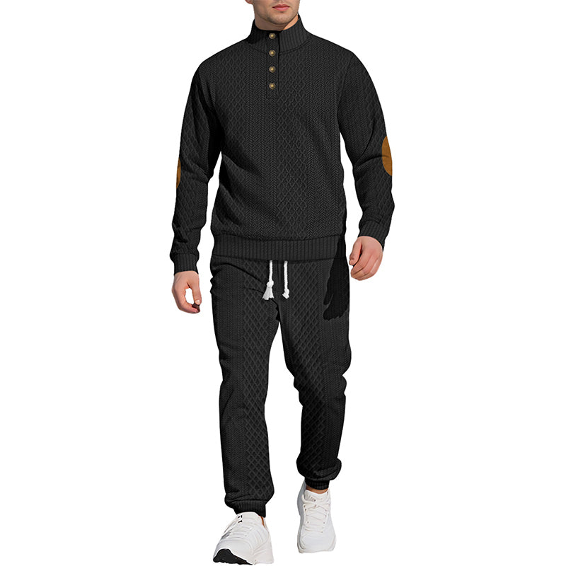 Casual Jacquard Stand Collar Top and Elastic Cuff Pants