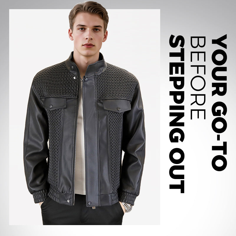Men's Fashion Barley-Weave Leather Jacket