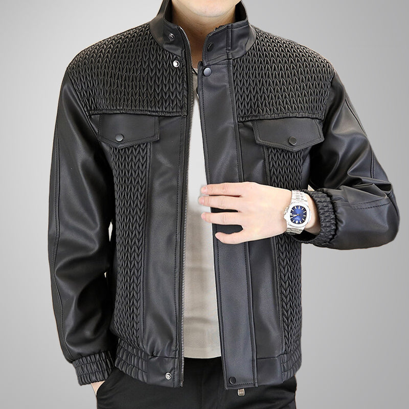 Men's Fashion Barley-Weave Leather Jacket