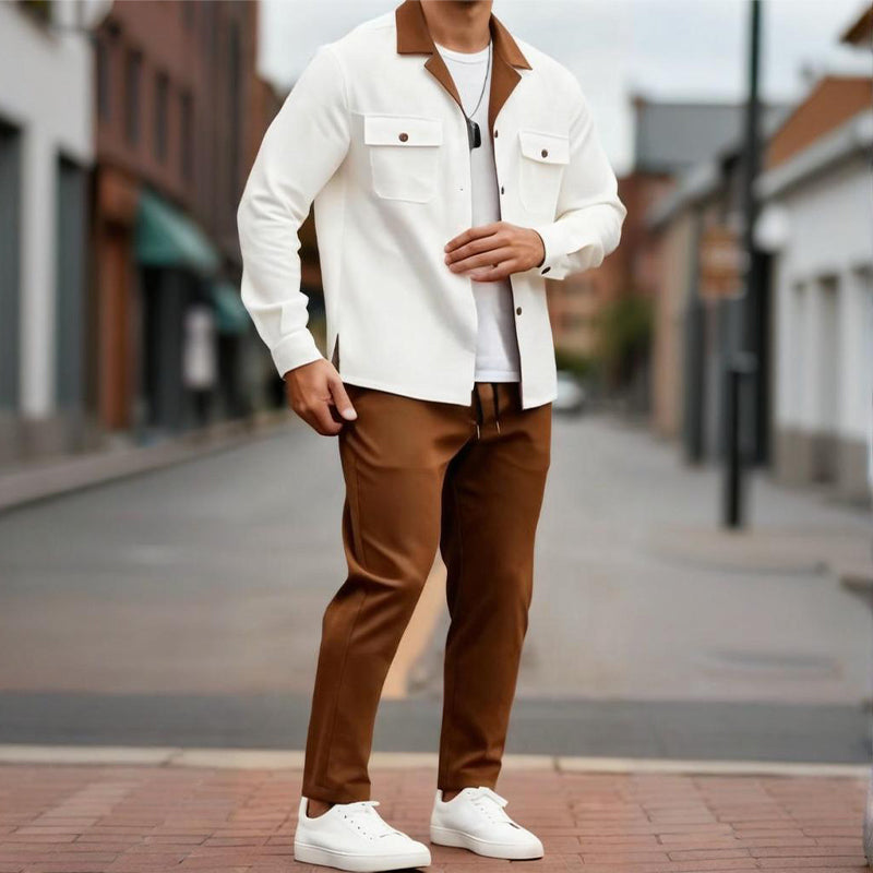 Men's Casual Lapel Long Sleeve Shirts ＆ Pants 2-Piece Set